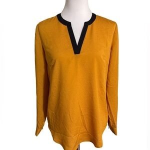 Milano Mustard V-Neck Blouse with Black Trim